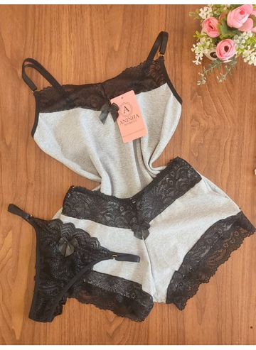 KIT Baby Doll Cotton + 2 Calcinhas de Brinde - Mescla com Preto