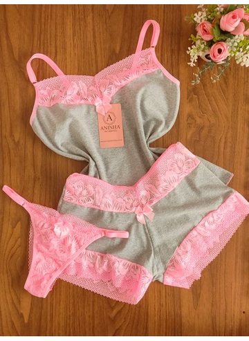KIT Baby Doll Cotton + 2 Calcinhas de Brinde - Mescla com Rosa Babaloo