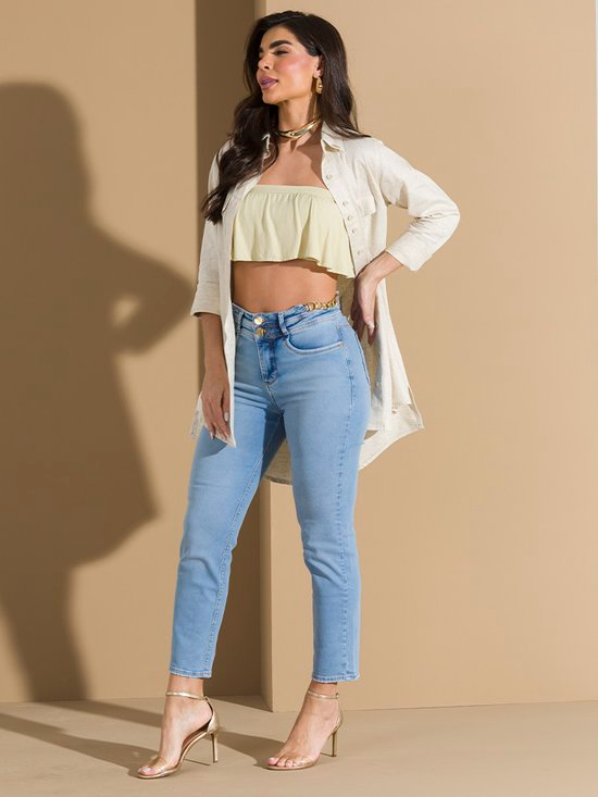 Calça Feminina Jeans Cropped Corrente no Cós