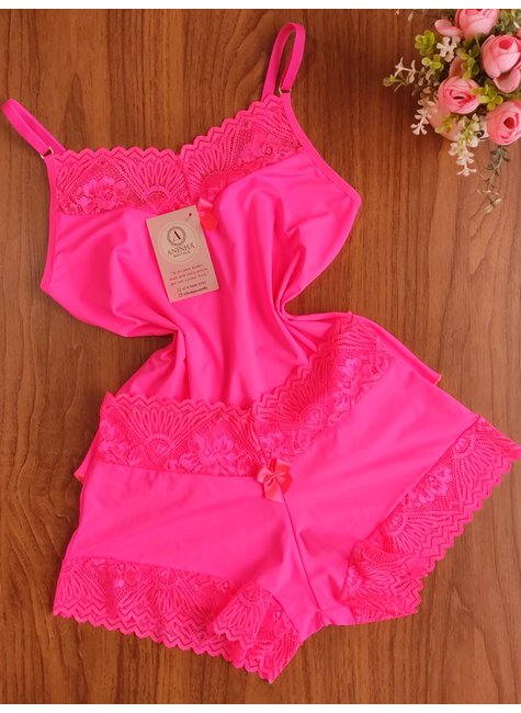 KIT Baby Doll + Calcinha + Plug - Rosa Neon