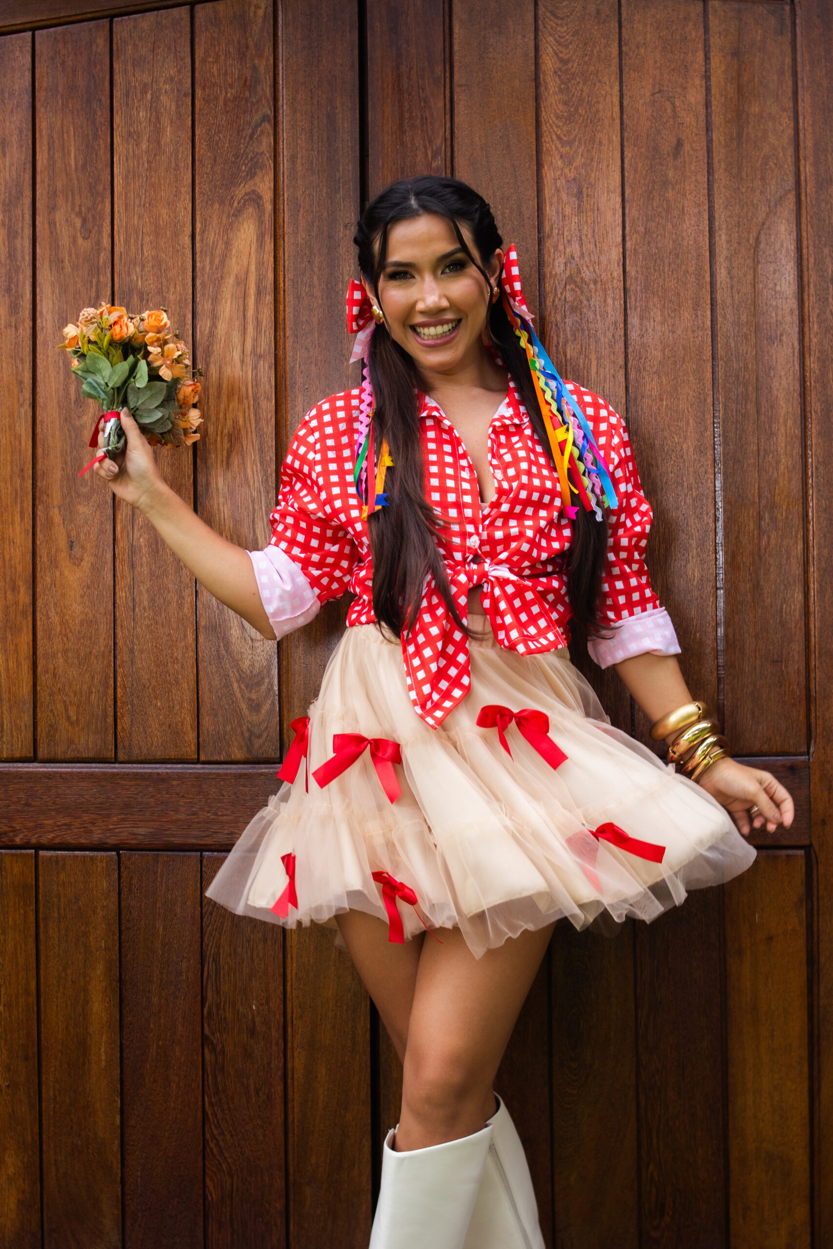 Conjunto Camisa Junina Xadrez + Saia junina tule + Laço junino xadrez