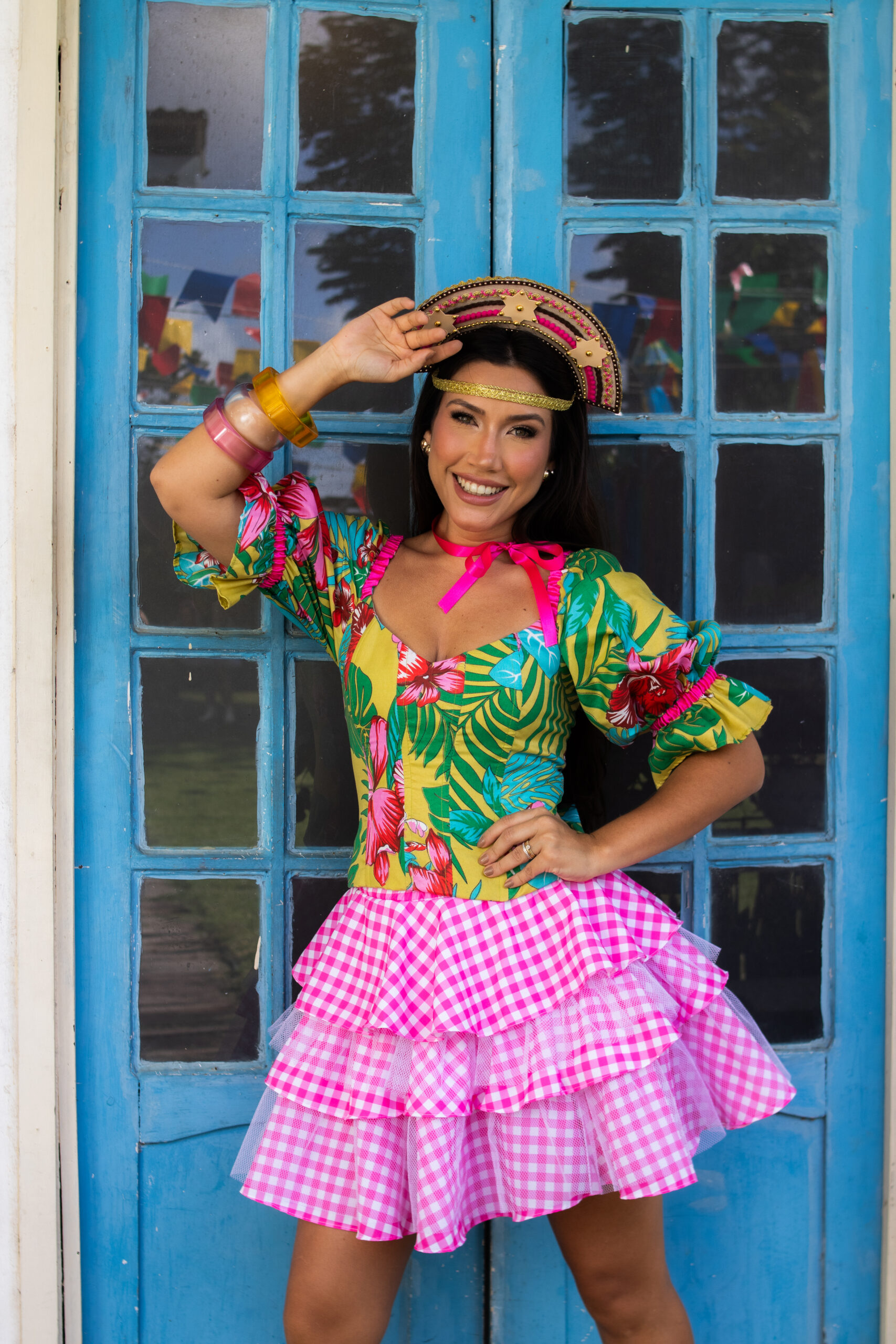 Conjunto Blusa junina xadrez + Saia junina xadrez + Tiara Junina