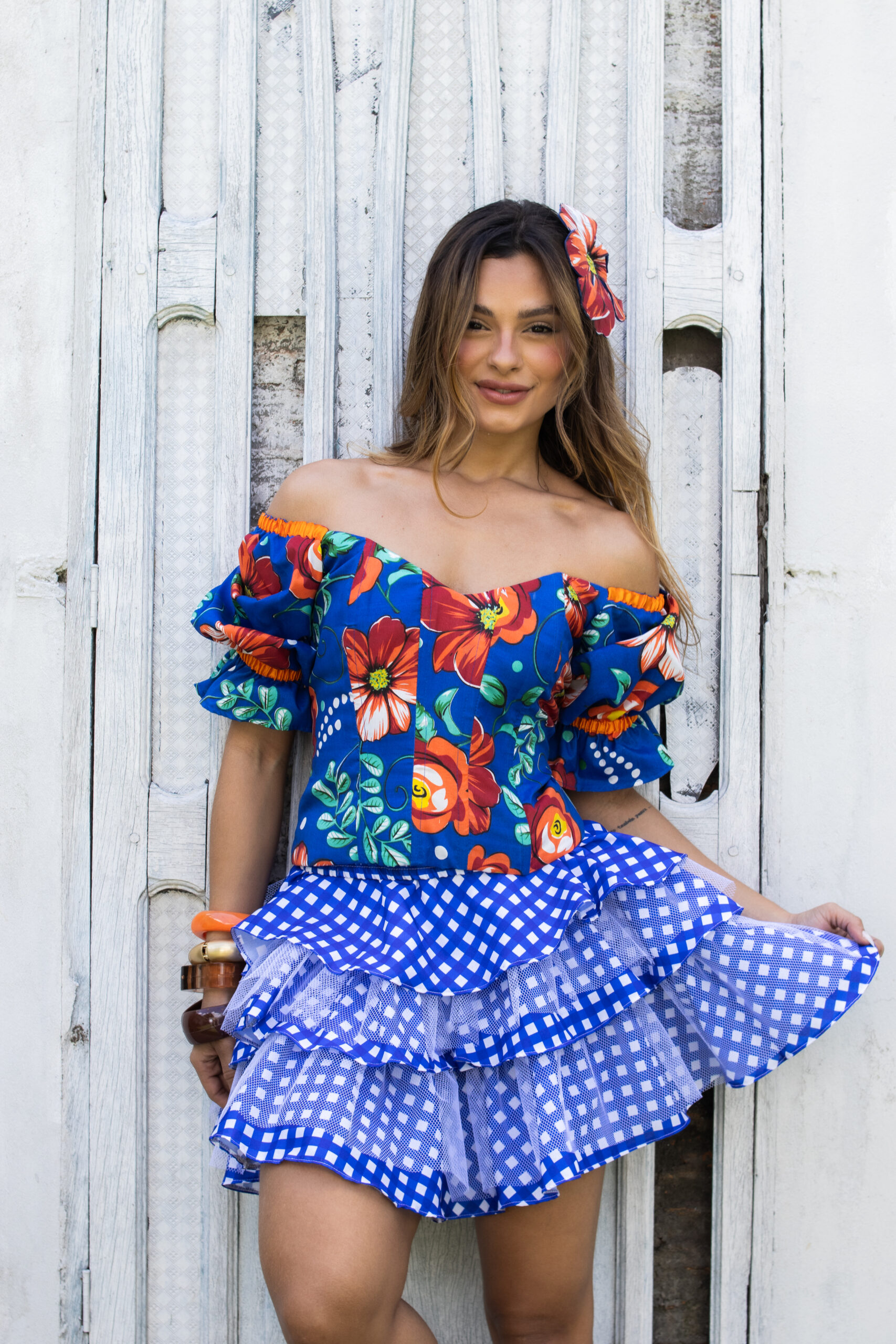 Conjunto Blusa junina xadrez + Saia junina xadrez + Laço junino xadrez