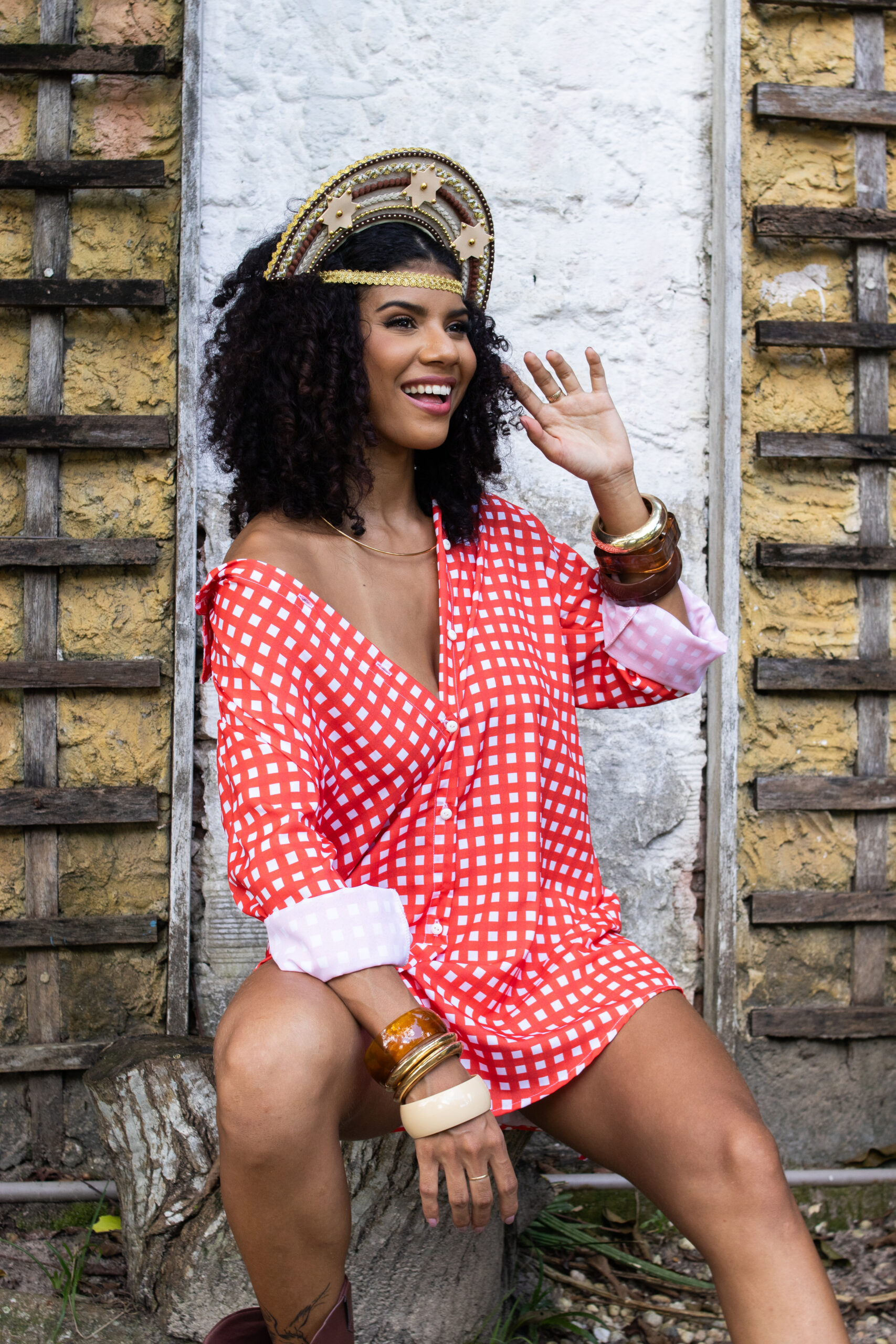 Chemise xadrez vintage + Tiara Junina