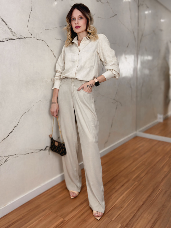 Calça Feminina Sarja Wide Leg Utilitária