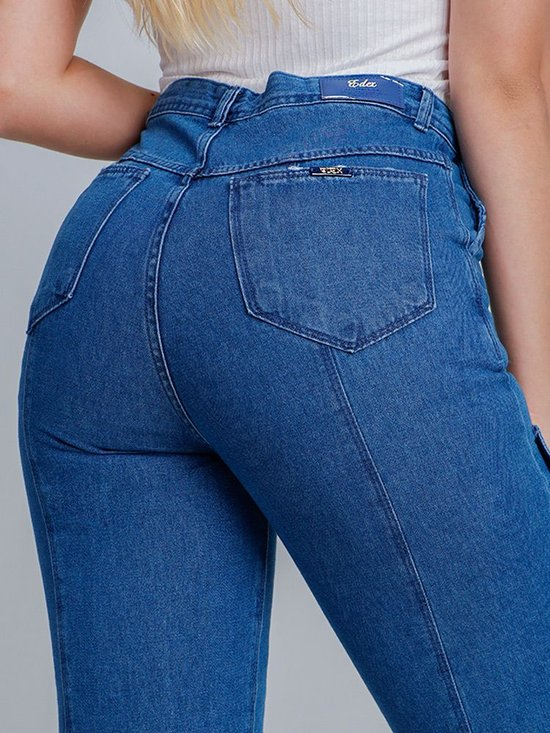 Calça Feminina Jeans Slouchy Reta Bolso Cargo