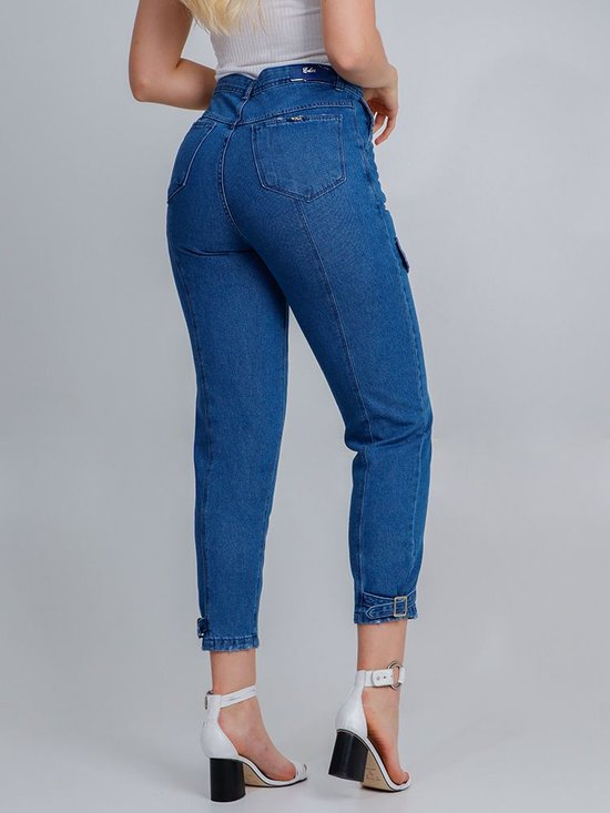 Calça Feminina Jeans Slouchy Reta Bolso Cargo