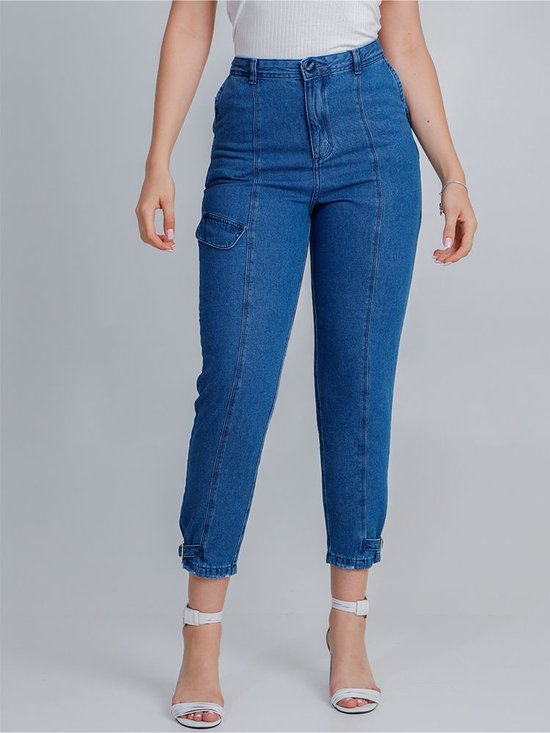 Calça Feminina Jeans Slouchy Reta Bolso Cargo