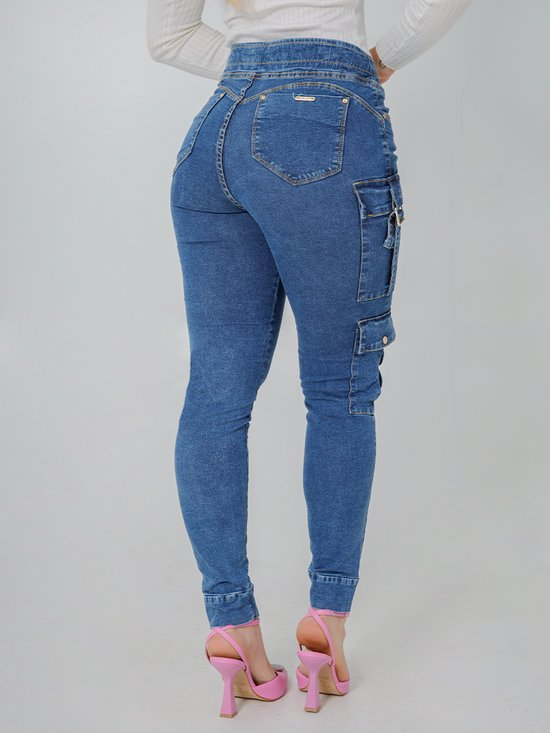 Calça Feminina Jeans Cigarrete Jogging Bolso Cargo