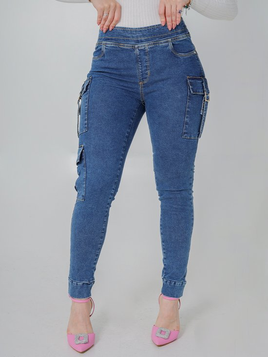 Calça Feminina Jeans Cigarrete Jogging Bolso Cargo