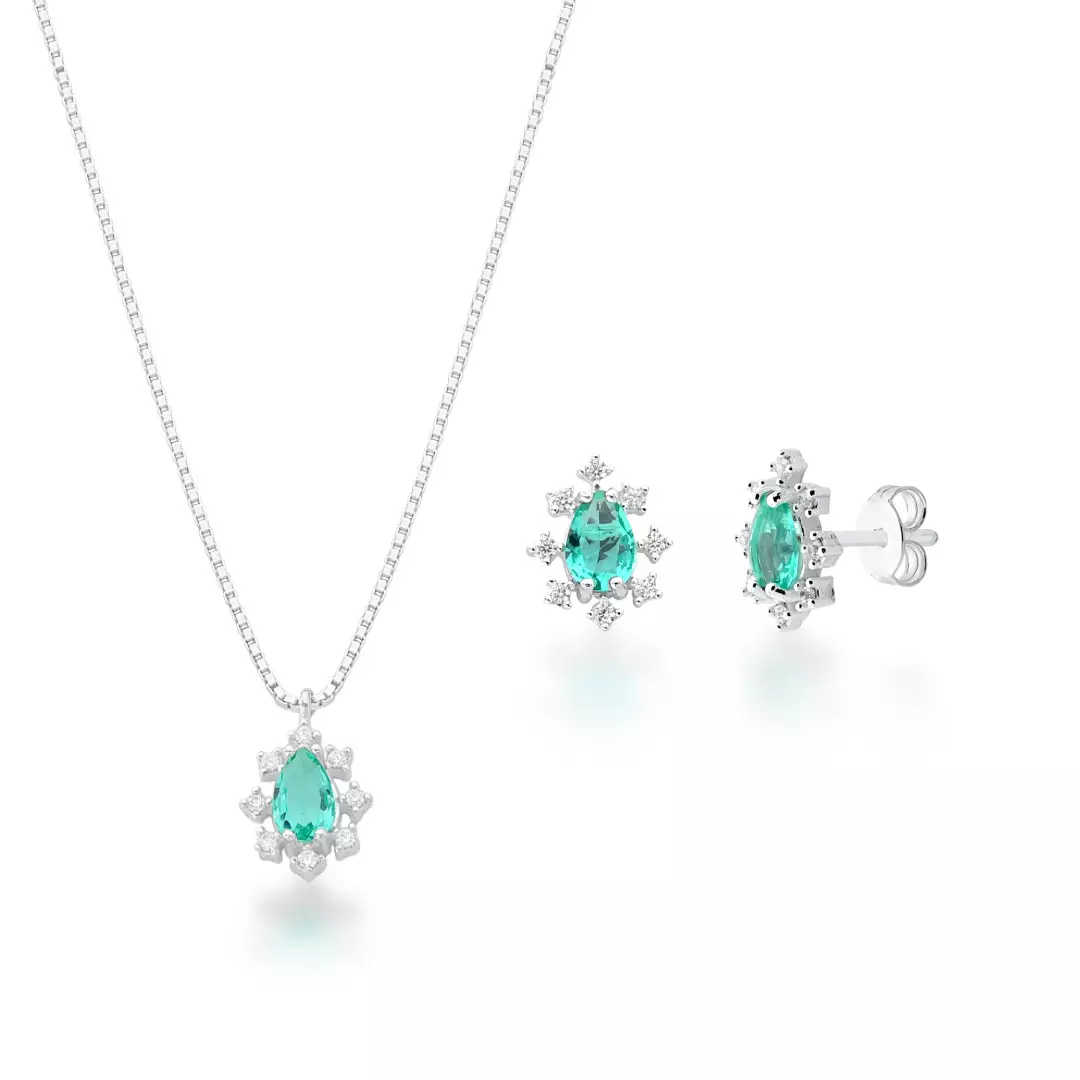 Conjunto Prata Veneza 925 Cristal Oval Cravejado (Banhado á Ouro Branco 14k)