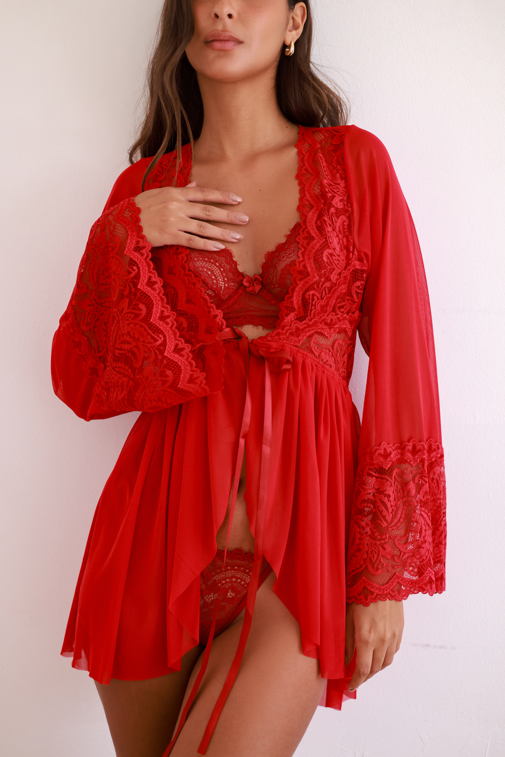 Conjunto Bela Dama com Robe Mistério em tule e renda, com amarração (3 peças)