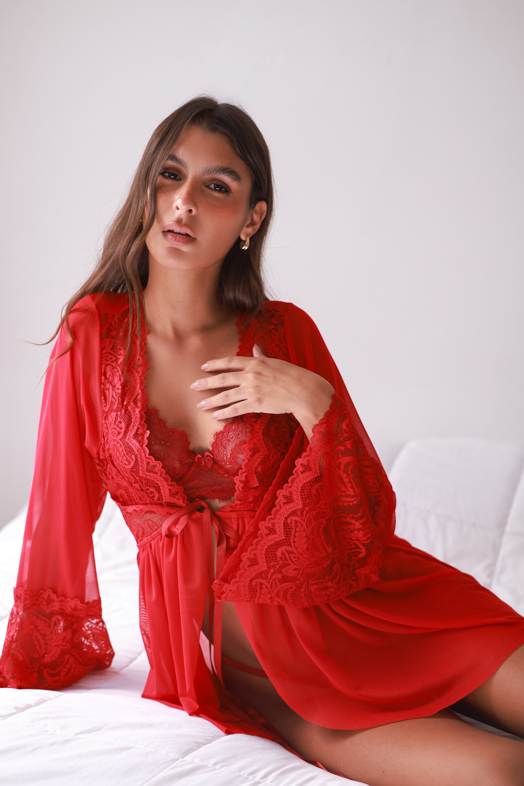 Conjunto Bela Dama com Robe Mistério em tule e renda, com amarração (3 peças)