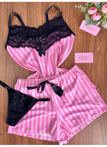 KIT Baby Doll Aurora + Calcinha - Listras Babaloo com Preto